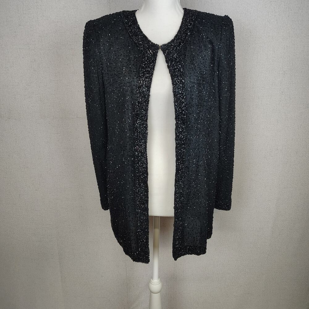 Stenay Silk Beaded Jacket Womens S Black Evening Formal Open Front Sequin glam